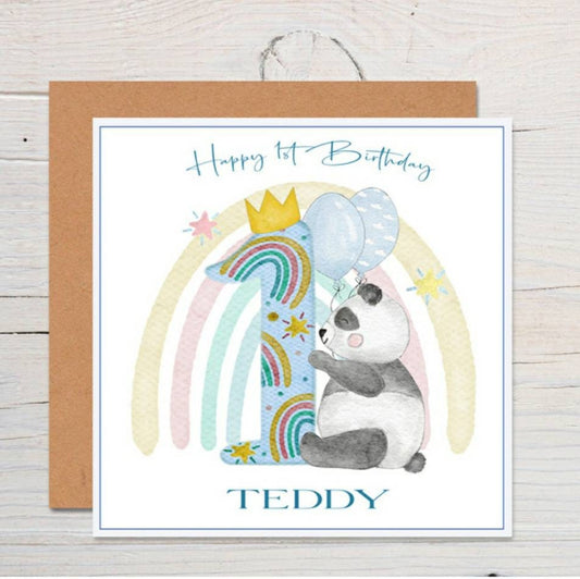 Personalised 1st birthday rainbow card, panda baby birthday card